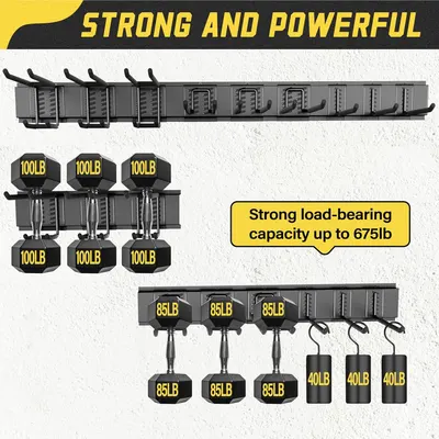 Communicates the product's impressive weight capacity of 675lb to reassure shoppers that this storage rack is strong enough to hold heavy equipment like dumbbells and weights. Highlights the…
