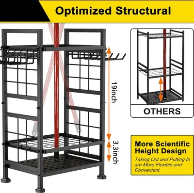 Demonstrates the product's superior structural design and more flexible shelf height compared to competing products, emphasizing convenience and better engineering. Highlights multiple distinct…