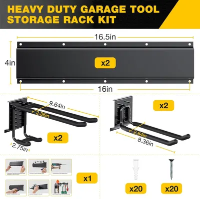 Shows all components included in the garage tool storage rack kit, including the mounting rails, hooks of different sizes, screws, and anchors, helping shoppers understand exactly what they will…