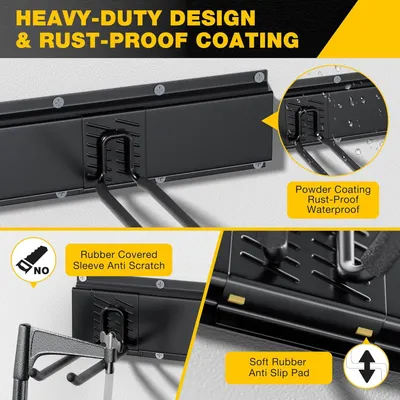 This image breaks down the physical components and protective features of the product, highlighting the heavy-duty construction, rust-proof powder coating, rubber-covered sleeve for scratch…