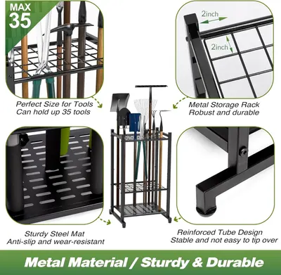 Communicates multiple selling benefits of the tool storage rack through a segmented layout, highlighting capacity, durability, stability, and material quality to reassure shoppers of the product's…