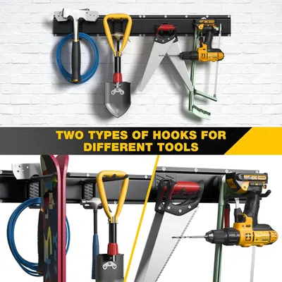 Demonstrates the product's versatility by showing two different hook types that accommodate various tool shapes and sizes, reassuring shoppers that the organizer can handle their diverse tool…