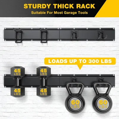 Communicates the rack's impressive weight capacity to reassure shoppers it can handle heavy garage tools and equipment safely. Demonstrates the product's strength and durability through a visual…