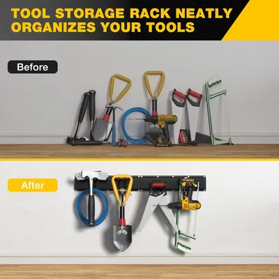 Demonstrates the transformation from cluttered, disorganized tools to a neatly organized wall-mounted storage system, proving the product's effectiveness at solving garage and workshop organization…