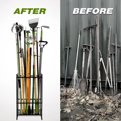 Demonstrates the transformation from cluttered, disorganized garden tools to a neat, organized storage system, proving the product's effectiveness at solving garage and shed organization problems.