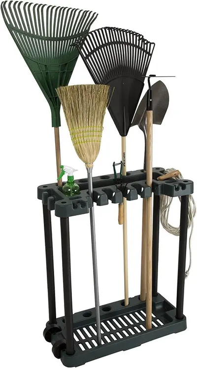 Provides a clean, catalog-style view of the garden tool organizer with tools to show the product clearly without distractions.