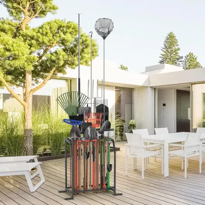 Demonstrates the product in a real-world outdoor patio setting, showing how it organizes and stores various gardening tools in an attractive, space-efficient manner.