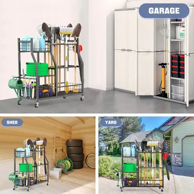 Demonstrates the versatility of the garden tool organizer by showing it can be effectively used in three different storage environments: garage, shed, and outdoor yard settings.