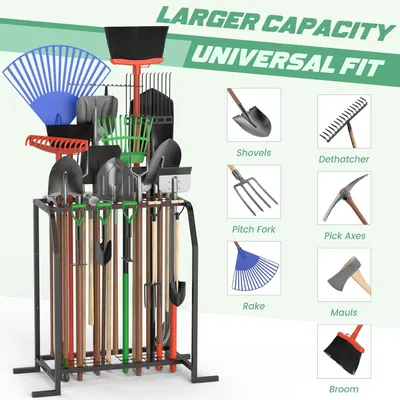 Demonstrates the product's versatility by showing it can hold and organize multiple types of gardening tools including shovels, rakes, pitch forks, dethatcher, pick axes, mauls, and brooms.…