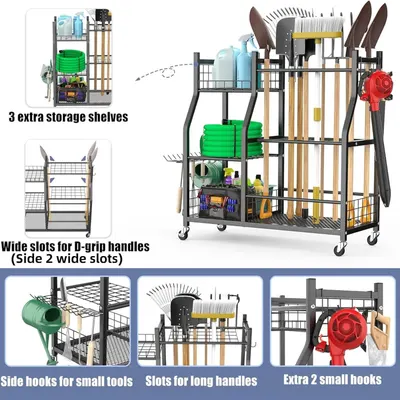 This image breaks down the physical components and storage zones of the garden tool organizer, showing shoppers exactly where different tools and items can be stored to help them understand the…
