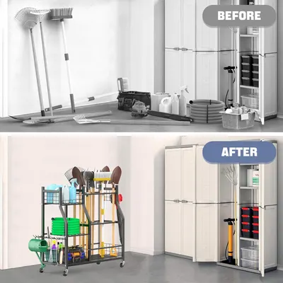 Demonstrates the transformation from a cluttered, disorganized garage space to a clean, organized space using the product's storage system, proving the product's effectiveness at solving storage…