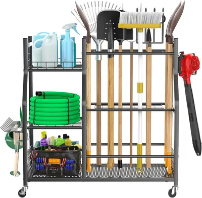 Shows the customer everything included in the storage system—the rack, shelves, and the variety of tools and accessories that can be organized, demonstrating the comprehensive value of the purchase.