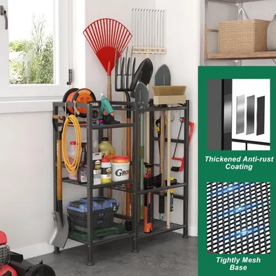 Communicates multiple key product benefits in a segmented layout, highlighting the anti-rust coating and mesh base design to reassure shoppers of durability and functionality.