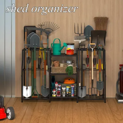 Demonstrates the product in a real-world shed or garage setting, showing how it neatly organizes various gardening and yard tools to help shoppers visualize its practical use in their own space.