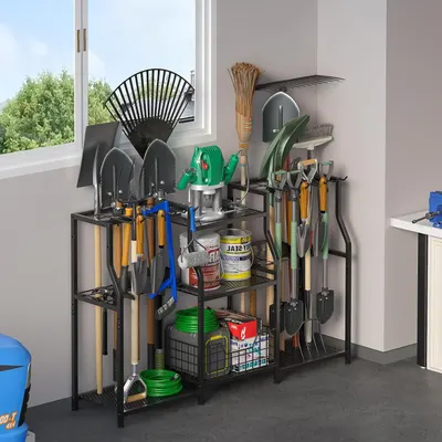 Demonstrates the product in a real-world garage or shed setting, showing how it organizes and stores various gardening and yard tools efficiently.