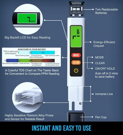 This image breaks down the water tester's physical components and features with labeled callouts, helping shoppers understand what each part does and how the device is constructed for reliable water…