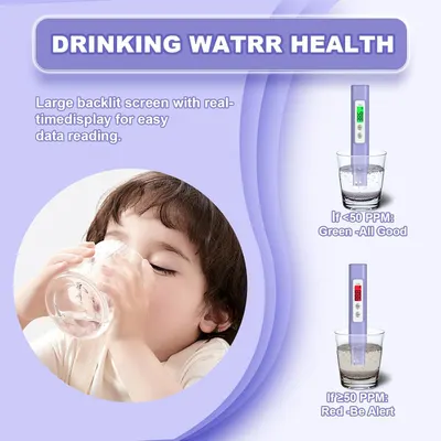 Highlights the product's large backlit screen with real-time display for easy data reading, reassuring shoppers that monitoring drinking water health is simple and user-friendly.