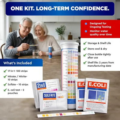 Shows everything included in the water testing kit to help shoppers understand the complete package they will receive and reassure them of the kit's comprehensiveness for long-term water quality…