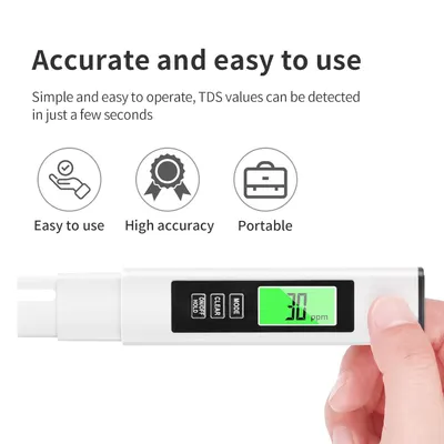 Communicates three distinct product benefits in a segmented layout to reassure shoppers that the TDS meter is simple to operate, delivers precise readings, and is conveniently portable.