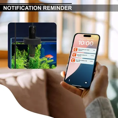 Demonstrates that the aquarium product connects to a smartphone app and sends automated notifications about tank conditions (temperature, pH, ORP levels), reassuring shoppers of convenient remote…