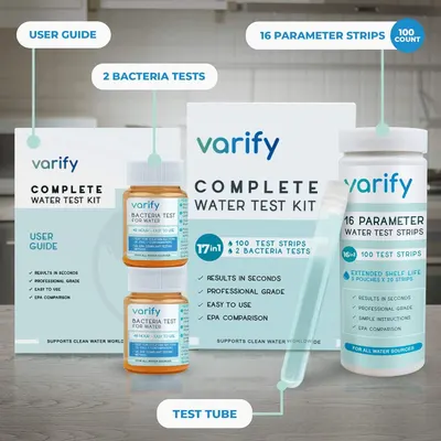 Shows all items included in the complete water test kit package, helping shoppers understand exactly what they will receive: user guide, bacteria tests, parameter strips, and test tube.