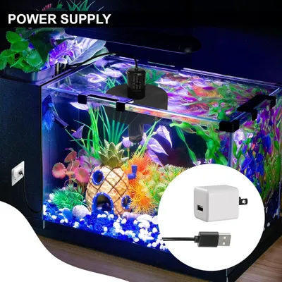 Highlights that the aquarium product comes with a power supply adapter and USB cable, reassuring shoppers about what's included for setup and operation. Shows the customer exactly what power…