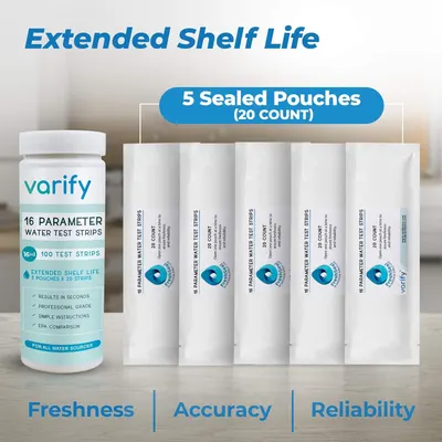 Shows what the customer receives in the package: a bottle of 100 test strips organized into 5 sealed pouches of 20 strips each, emphasizing freshness and organization. Highlights multiple key…