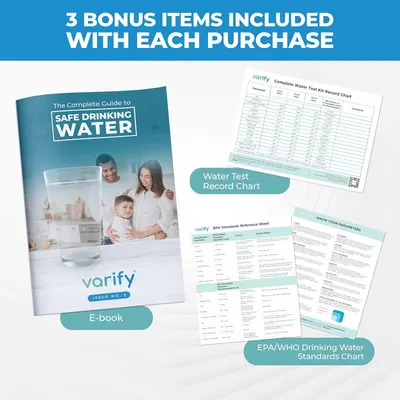 Shows the customer all the bonus items included with their purchase—an e-book guide, a water test record chart, and an EPA/WHO drinking water standards chart—to increase perceived value and reassure…