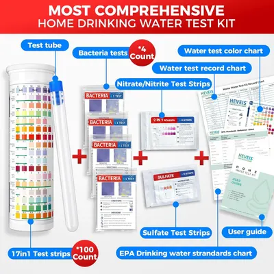 Shows all the items included in the comprehensive water test kit to help shoppers understand the complete value and contents they will receive with their purchase.