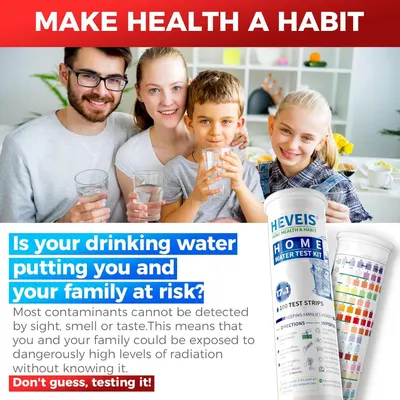 Communicates the importance of testing drinking water for contaminants to protect family health, positioning the home water test kit as a solution for safety and peace of mind.