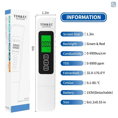 Provides comprehensive technical specifications and features of the water quality tester to help shoppers understand the device's capabilities and measurement ranges.