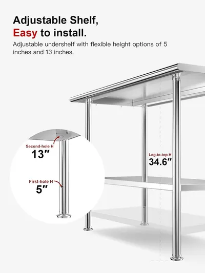 Highlights the adjustable undershelf feature with flexible height options (5 inches and 13 inches) to show shoppers how the product can be customized for different storage needs. Communicates the…