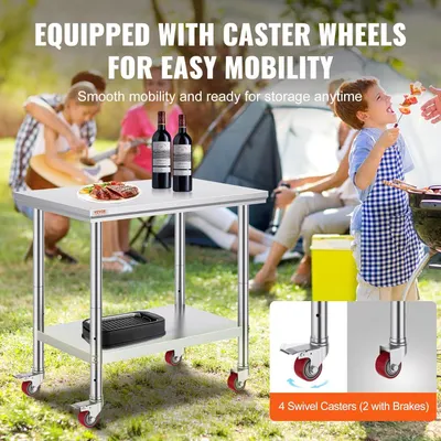 Highlights the table's caster wheel system with brakes, demonstrating the mobility feature and storage convenience for outdoor/camping use. Communicates the key benefit of easy mobility and…