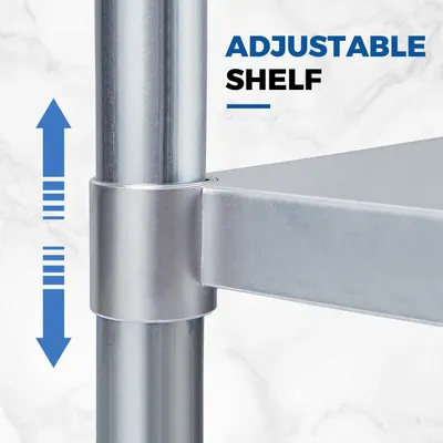 Highlights the adjustable shelf feature by showing the physical mechanism that allows the shelf to move up and down on the pole, reassuring shoppers of customizable storage flexibility. Communicates…