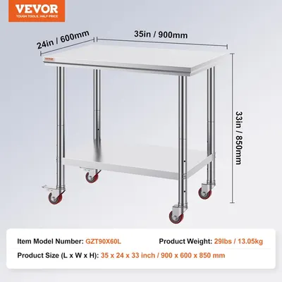 Communicates the exact physical dimensions (35 x 24 x 33 inches) and weight (29 lbs) of the work table to help shoppers understand if it will fit their space and mobility needs.