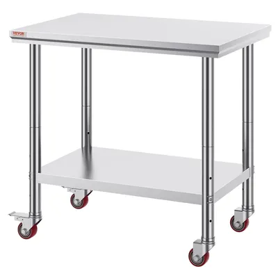 Provides a clear, unobstructed view of the stainless steel work table with wheels and adjustable legs, allowing shoppers to see the product's construction and design without distractions.