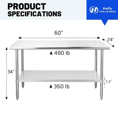 Communicates the exact physical dimensions of the table (60" x 24" x 34") and weight capacity specifications (480 lb top shelf, 360 lb bottom shelf) to help shoppers understand the size and…