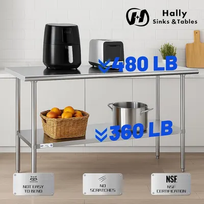 Communicates the table's impressive weight capacity (480 LB top shelf, 360 LB bottom shelf) to reassure shoppers of its durability and strength for heavy kitchen equipment and supplies. Highlights…