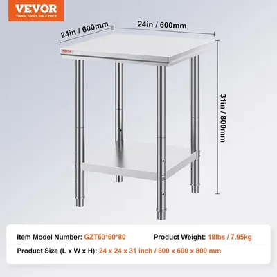 Communicates the exact physical dimensions (24x24x31 inches / 600x600x800mm) and weight (18lbs / 7.95kg) of the work table to help shoppers understand if it will fit their space and needs.