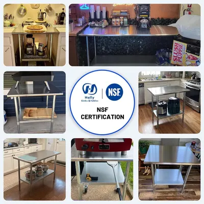 Communicates that the product meets NSF safety and quality standards, reassuring shoppers that it is certified for food safety and professional use. Shows real customer photos of the product in…