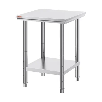 Provides a clear, distraction-free view of the stainless steel work table's design, construction, and two-tier structure for catalog presentation.