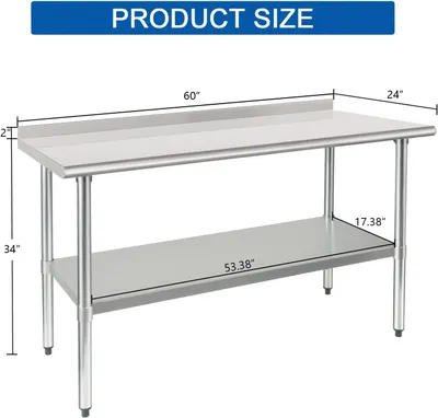 Communicates the exact physical dimensions of the work table (60" x 24" x 34" with additional measurements for shelves and backsplash) to help shoppers determine if it fits their space.