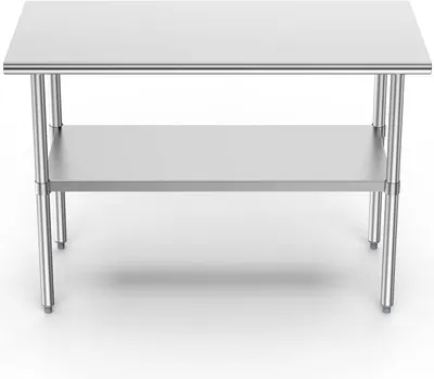Provides a clear, unobstructed view of the stainless steel work table's structure, including its two-tier design and sturdy legs, allowing shoppers to see the product's physical appearance and…