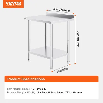 Communicates the exact physical dimensions of the stainless steel work table (30in x 36in x 24in) with visual arrows and measurements to help shoppers understand the size and ensure it fits their…