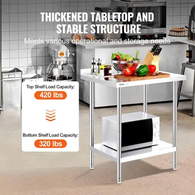 Communicates the table's impressive weight capacity (420 lbs top shelf, 320 lbs bottom shelf) to reassure shoppers of its durability and ability to handle heavy kitchen equipment and storage needs.…