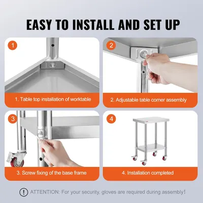 Demonstrates the simple 4-step assembly process for the worktable to reassure shoppers that setup is quick and straightforward. Highlights the ease of installation as a key benefit to reduce…