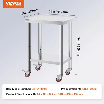 Communicates the exact physical dimensions of the stainless steel work table (24x18x34 inches) with clear measurement arrows and labels, helping shoppers understand if the product will fit their…