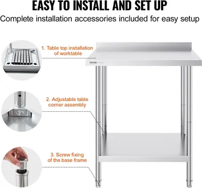 Demonstrates the three-step installation process for the worktable, reassuring shoppers that setup is straightforward and all necessary accessories are included.