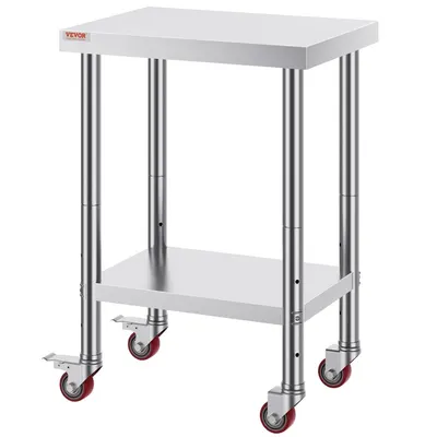 Provides a clear, unobstructed view of the stainless steel work table with adjustable legs and casters, allowing shoppers to see the product's construction and design without distractions.