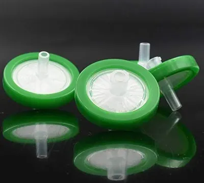 Provides a clean, catalog-style view of the product components (syringe filters) to show their physical appearance and construction without distractions.